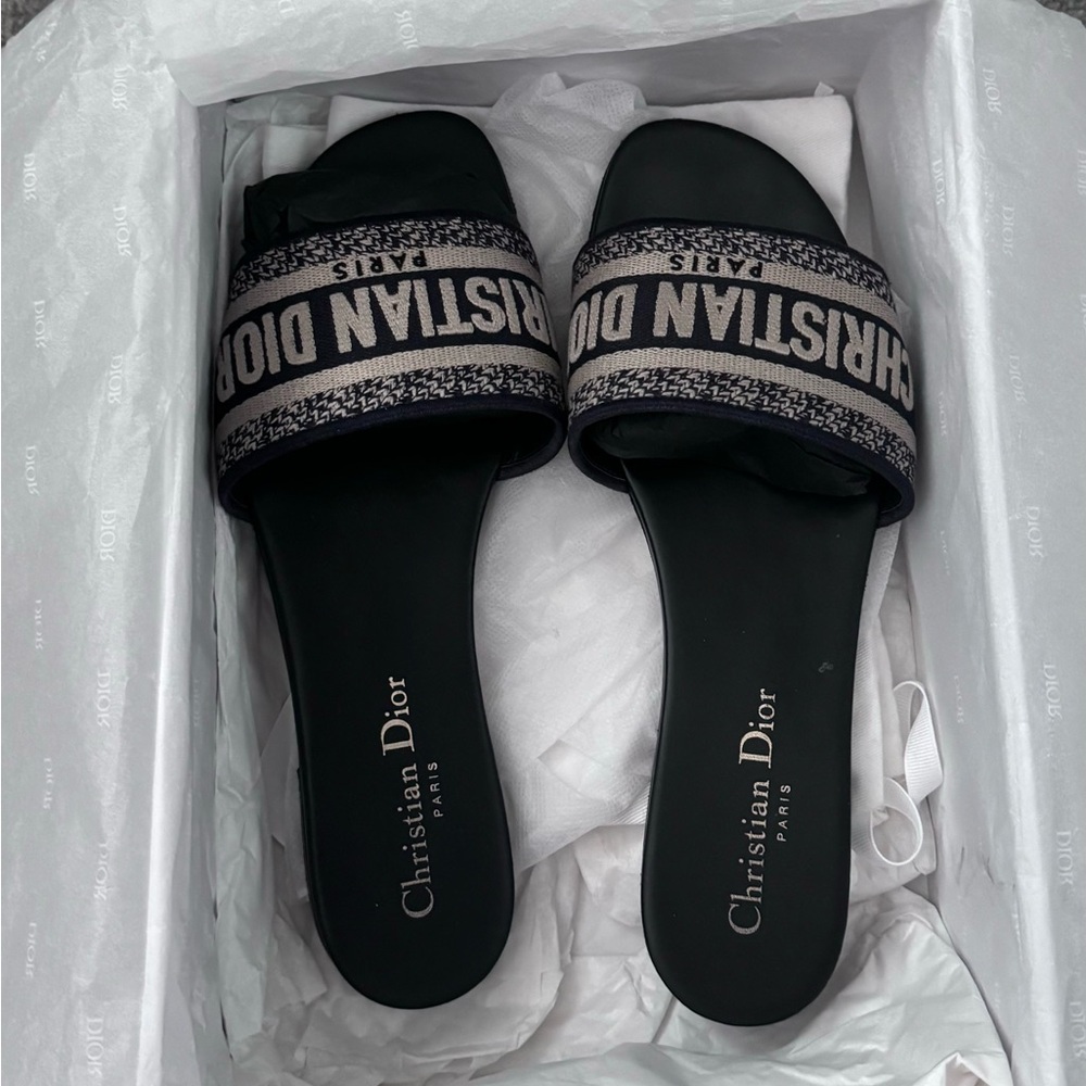Christian Dior Dway Slides Deep Blue Embroidered